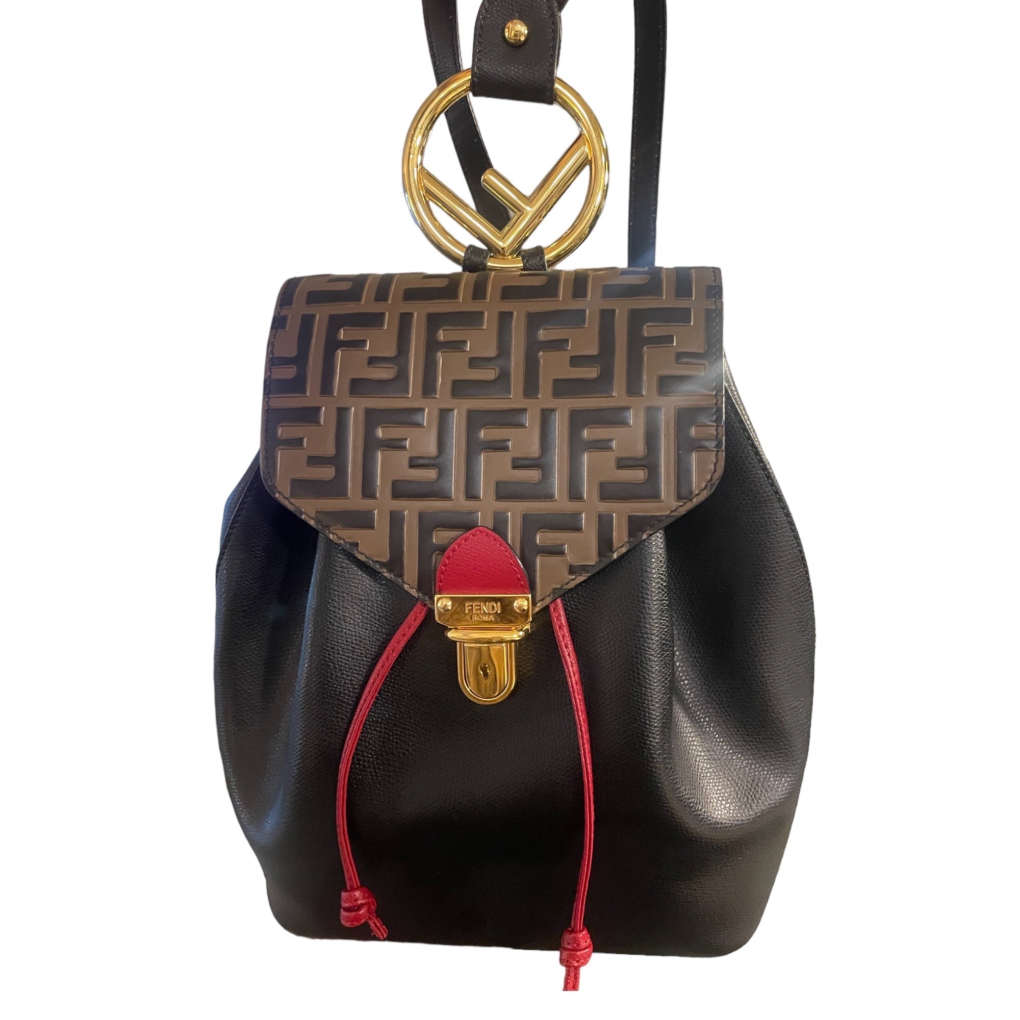 Fendi Drawstring Flap Backpack Leather with Zucca Embossed Detail