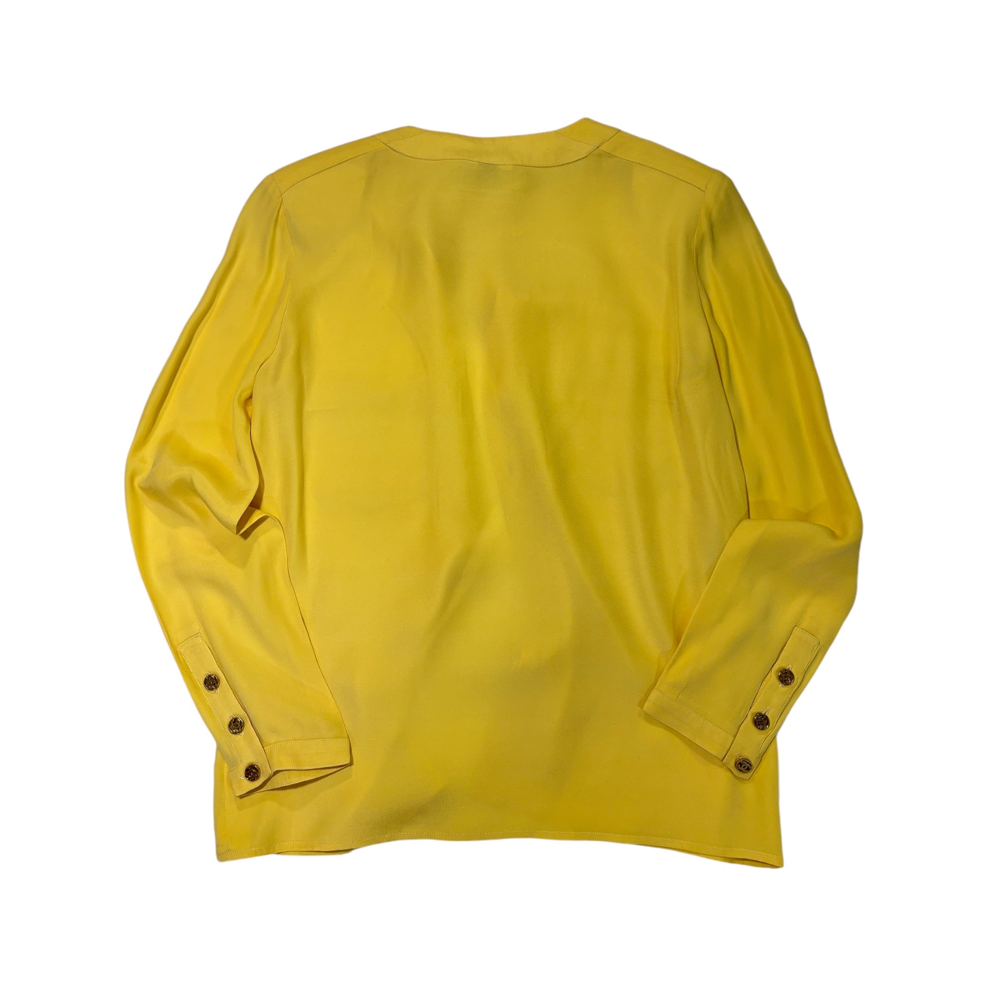 CHANEL SILK CC Logo Canary Yellow Blouse CC Gold Tone Button Detail |Size:36|