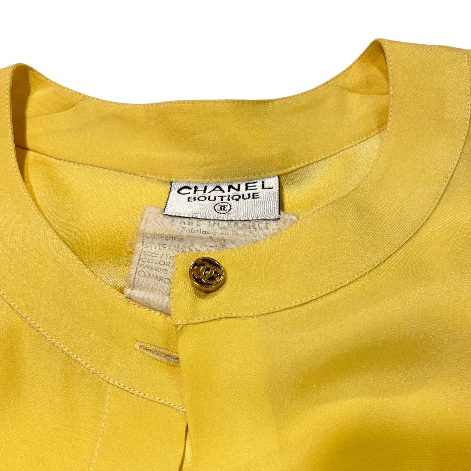 CHANEL SILK CC Logo Canary Yellow Blouse CC Gold Tone Button Detail |Size:36|