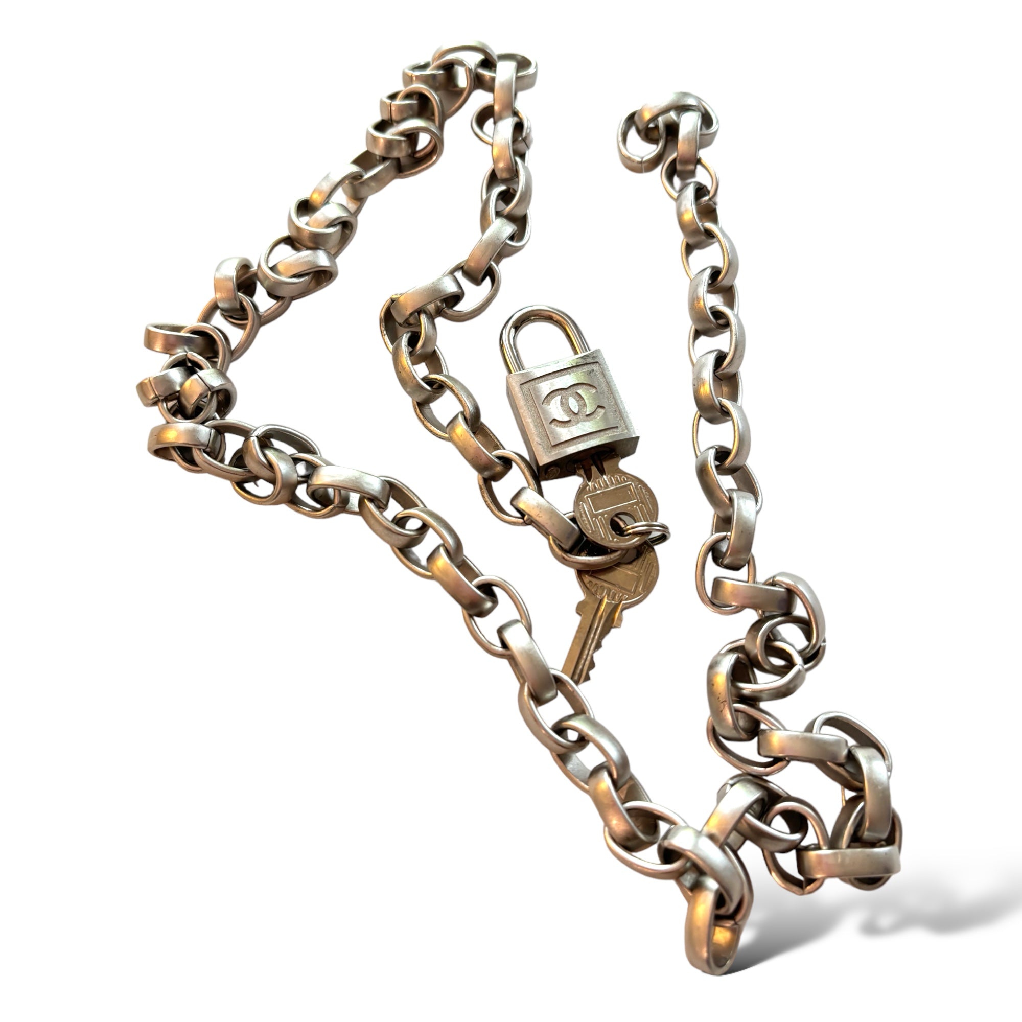 CHANEL 2003 CC Logo Padlock Chainlink Belt/Necklace in Silver