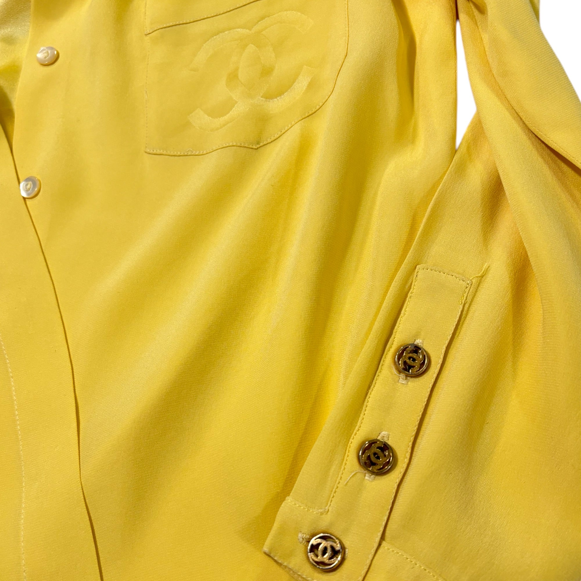 CHANEL SILK CC Logo Canary Yellow Blouse CC Gold Tone Button Detail |Size:36|