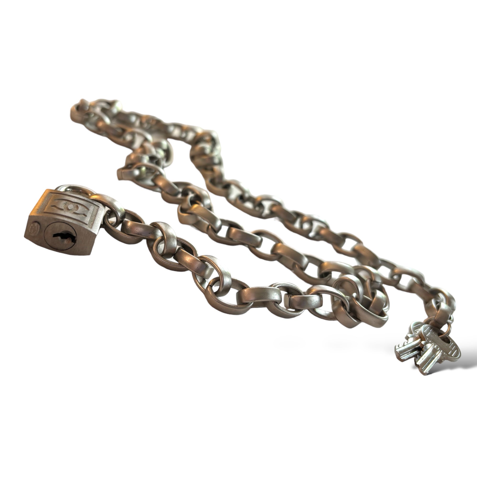 CHANEL 2003 CC Logo Padlock Chainlink Belt/Necklace in Silver