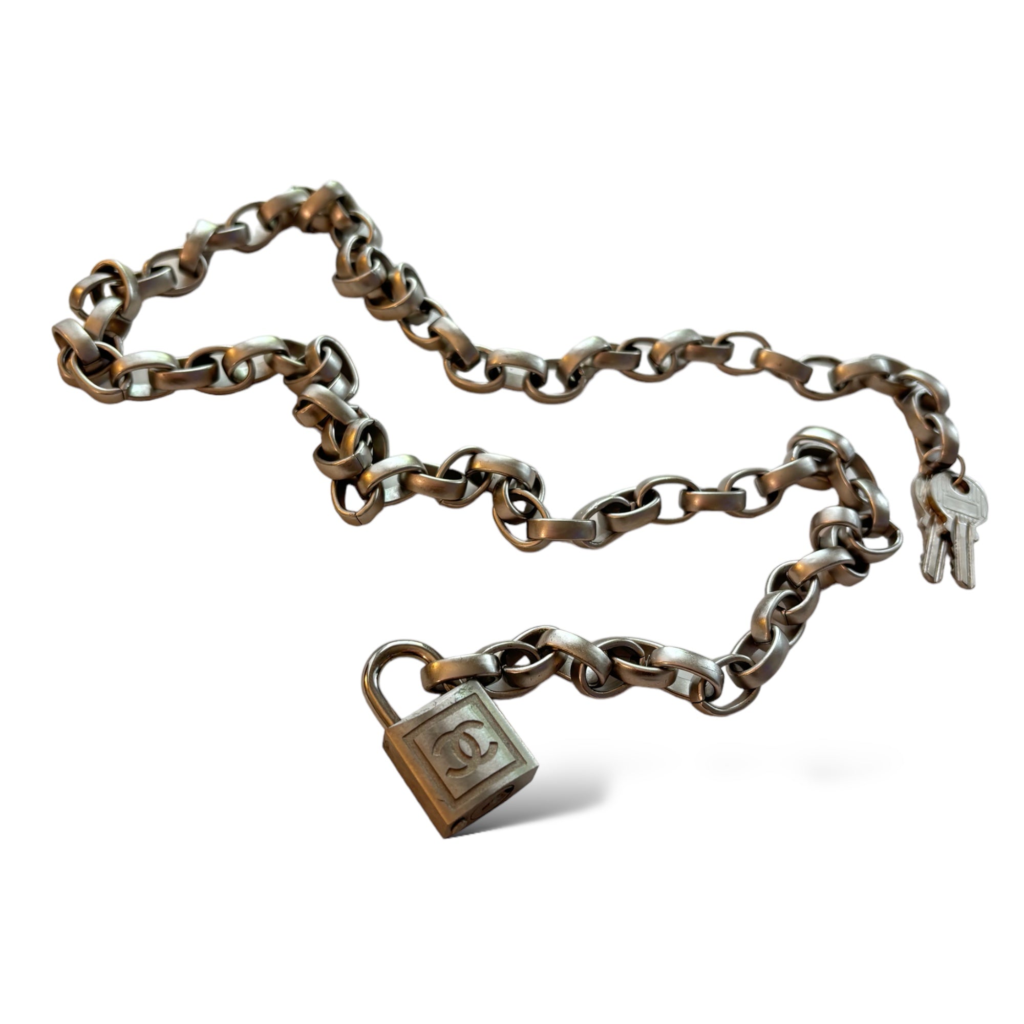 CHANEL 2003 CC Logo Padlock Chainlink Belt/Necklace in Silver