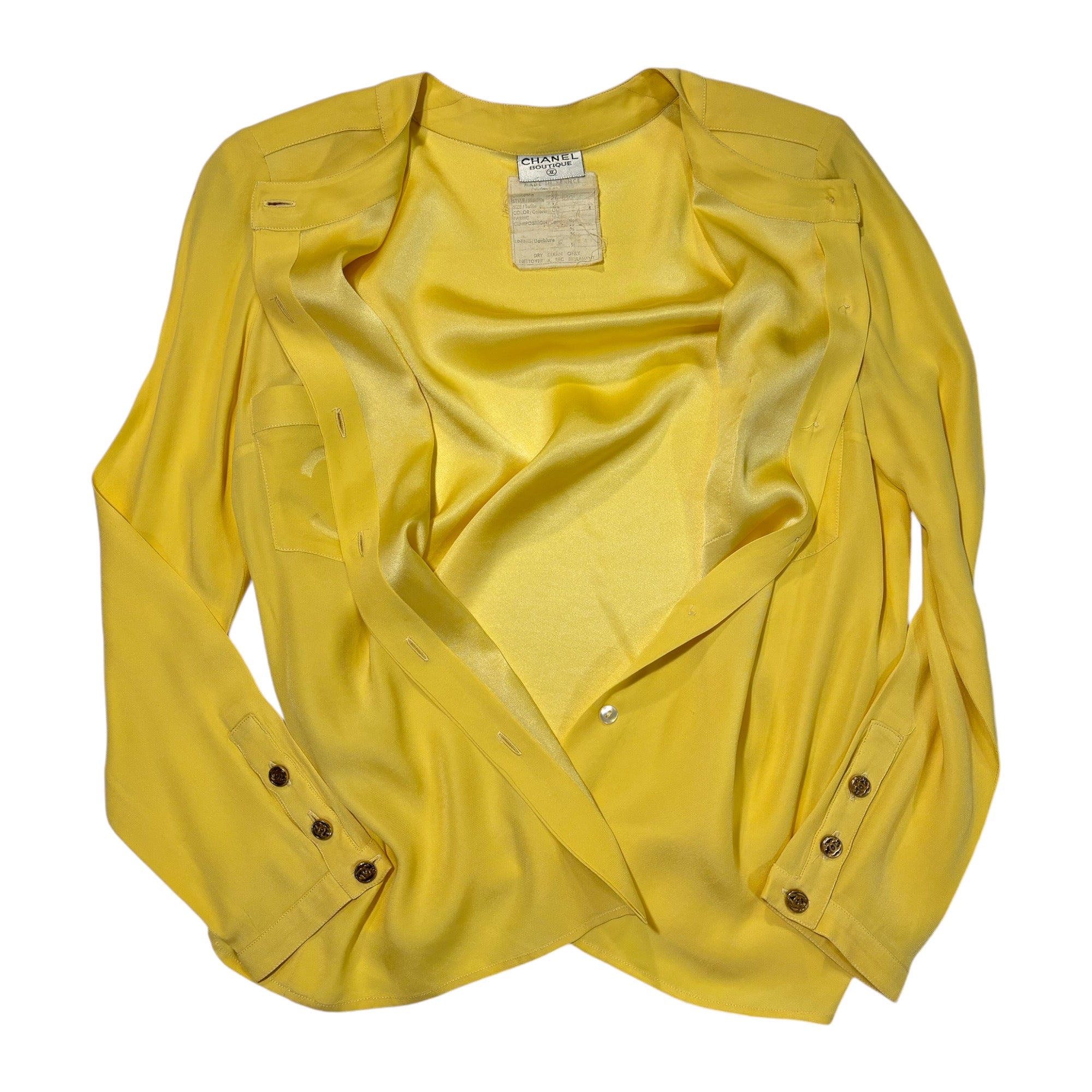 CHANEL SILK CC Logo Canary Yellow Blouse CC Gold Tone Button Detail |Size:36|