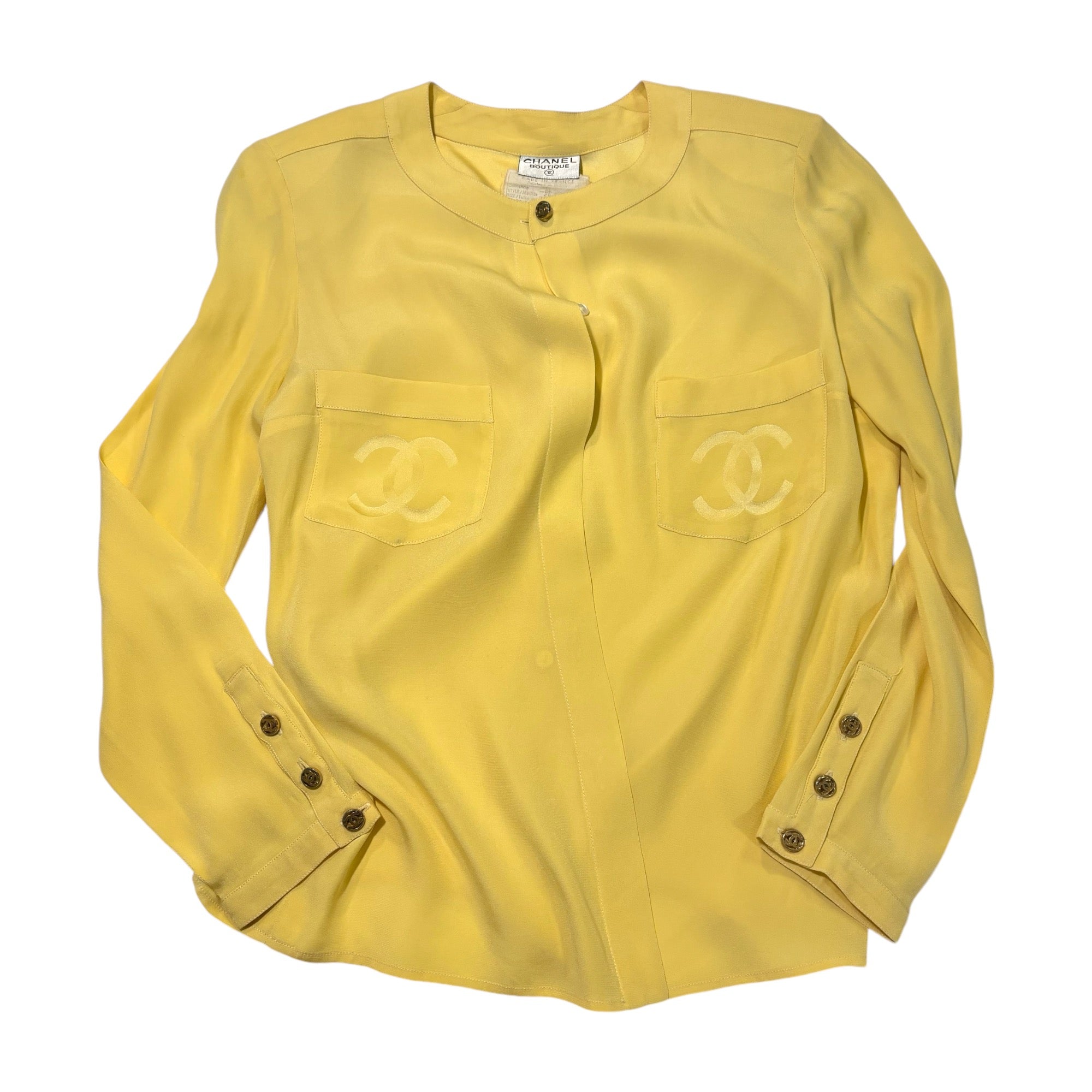 CHANEL SILK CC Logo Canary Yellow Blouse CC Gold Tone Button Detail |Size:36|