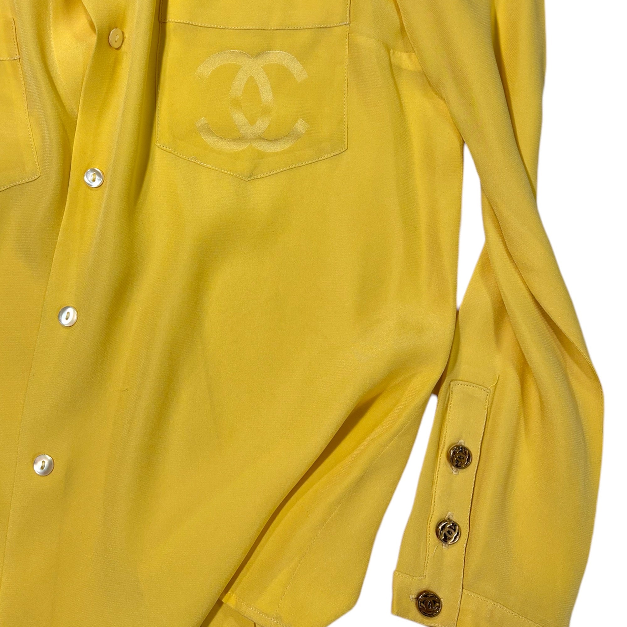 CHANEL SILK CC Logo Canary Yellow Blouse CC Gold Tone Button Detail |Size:36|