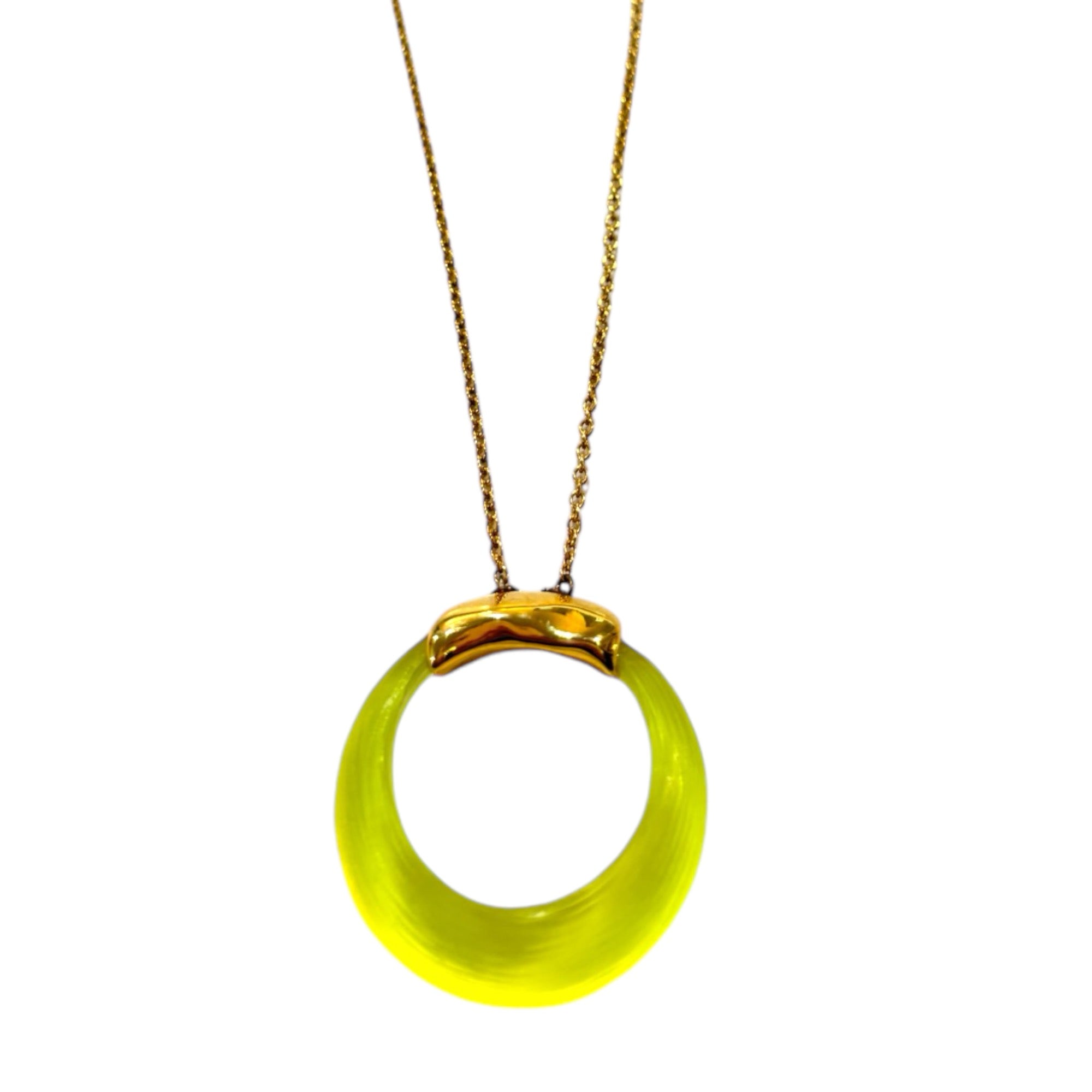 ALEXIS BITTAR Hand Carved Neon Yellow Lucite Circle Pendant Necklace