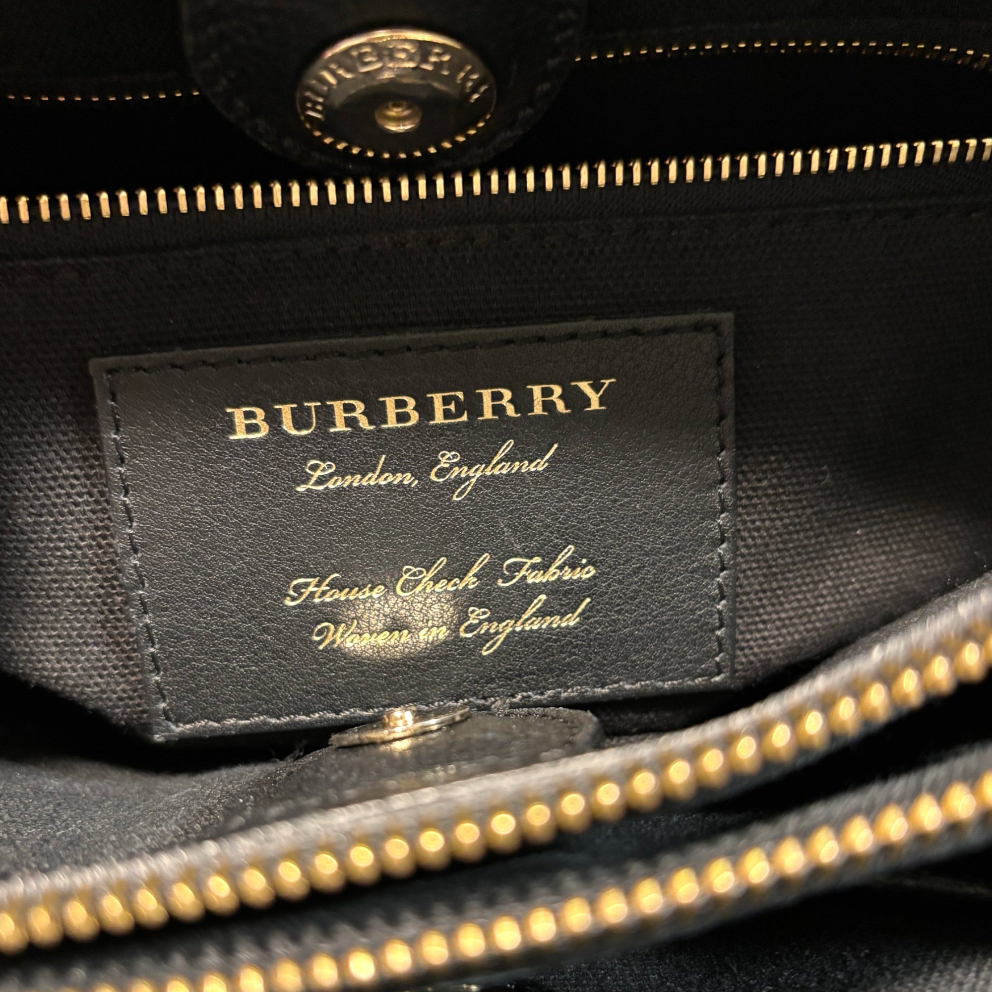 Burberry London England Women's Medium Black Leather And House Check Print Banner Tote Bag