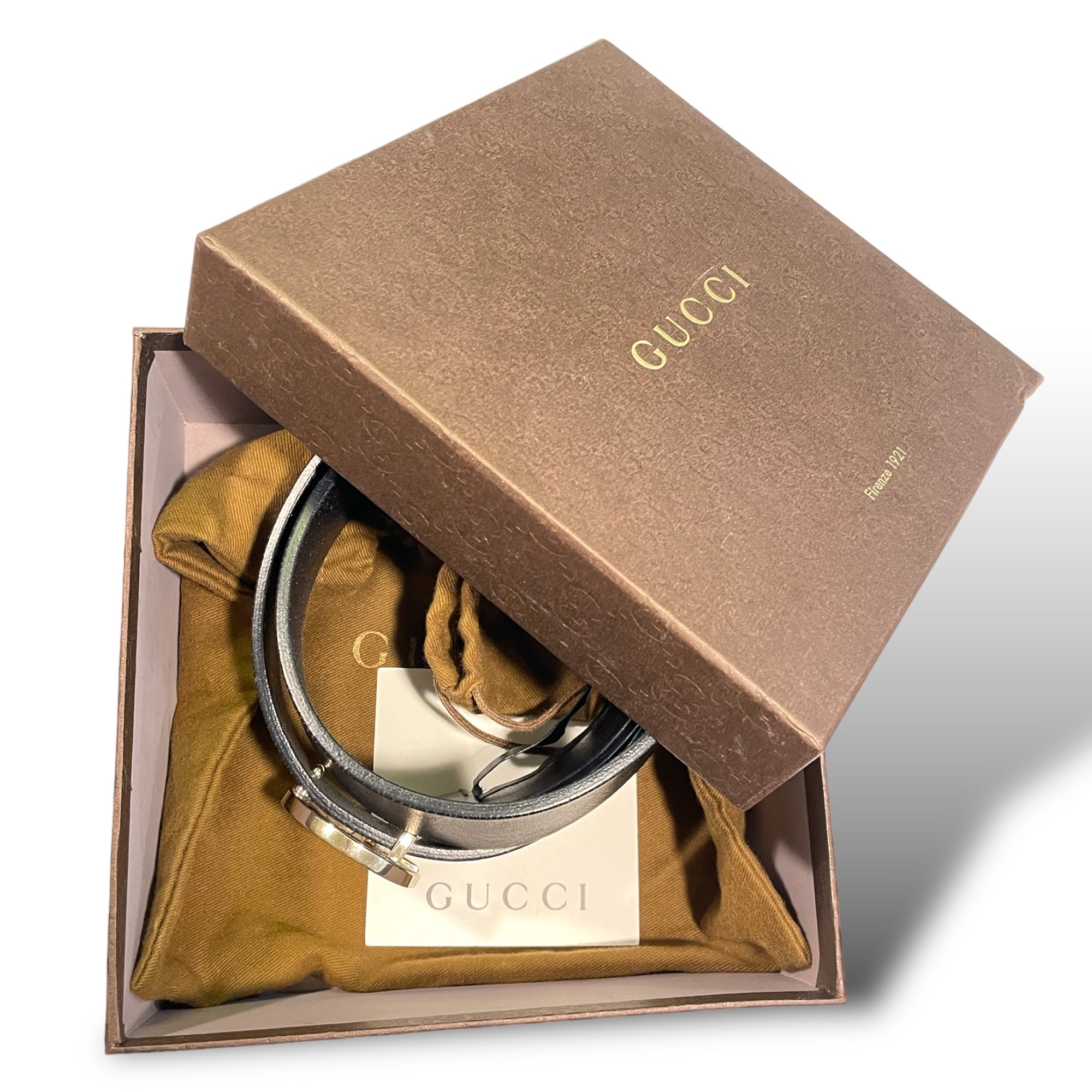 GUCCI Womens Champagne Gold G Buckle Black Leather Belt |Size:32”|