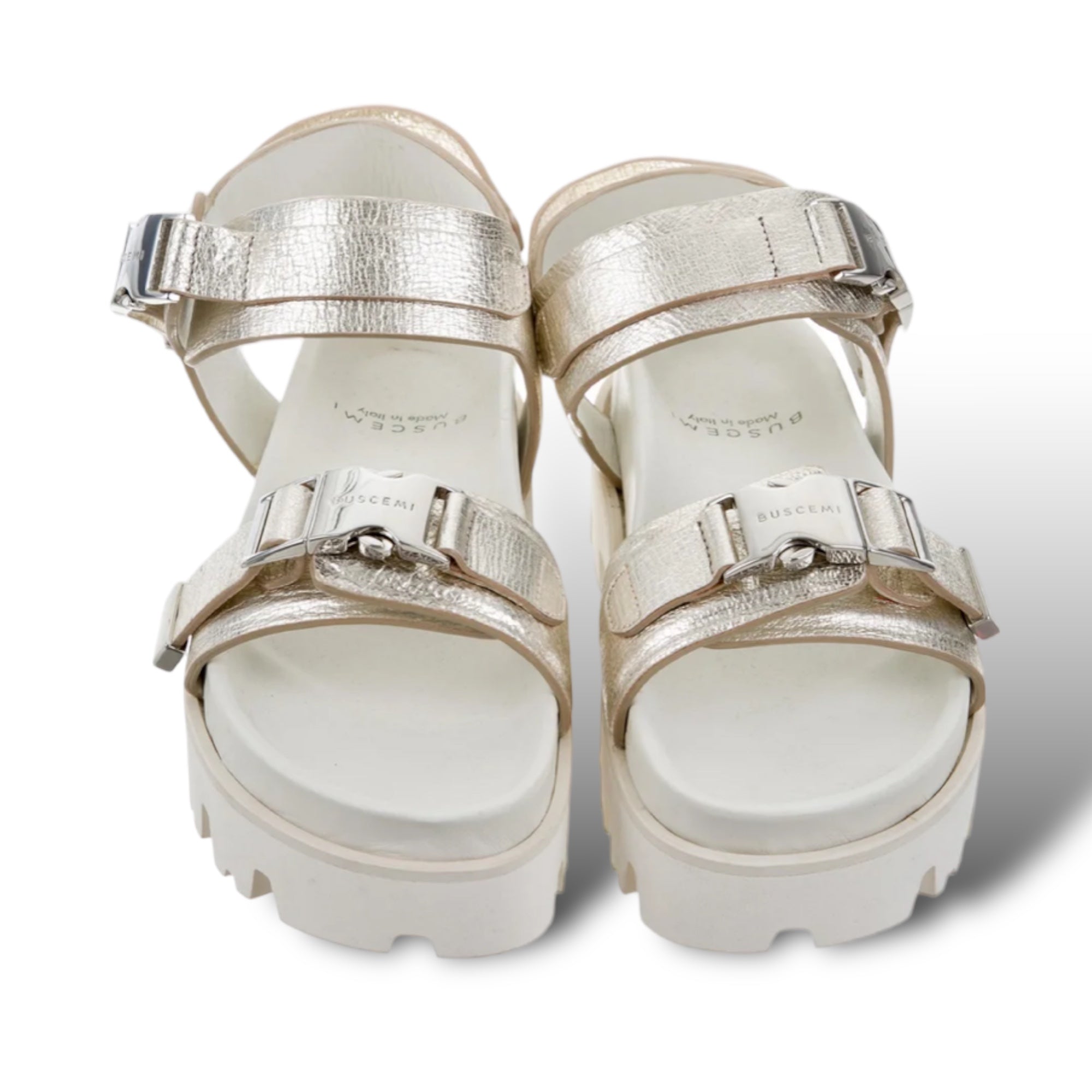 BUSCEMI Metallic Silver Textured Leather Sandalo Buckle Lug Sandals S