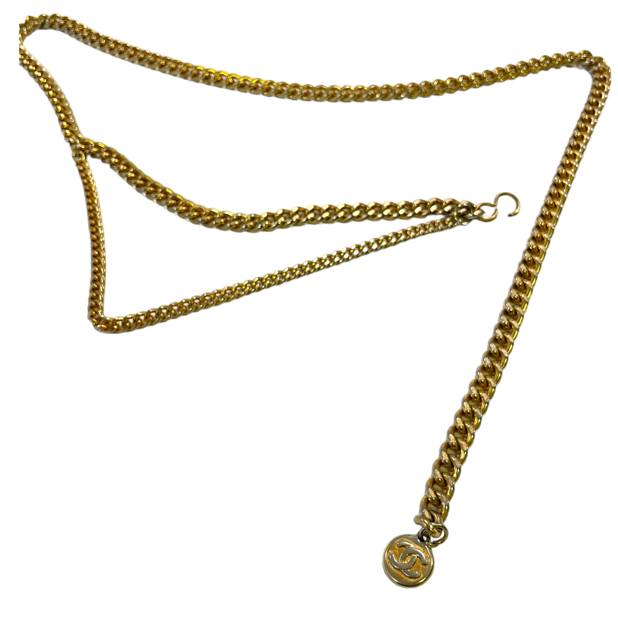 Vintage Brass Cuban Chainlink Belt with Solid Sphere Pendant & Vintage Authentic Chanel Pendant