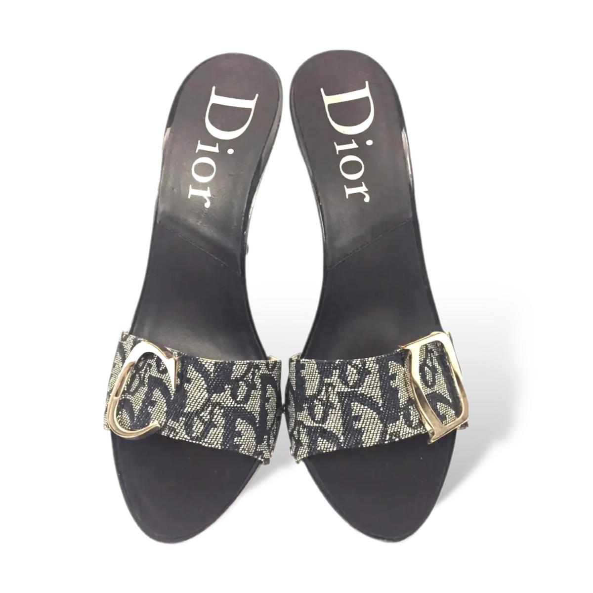 CHRISTIAN DIOR Monogram Trotter Mule Heels with Large Silver C 