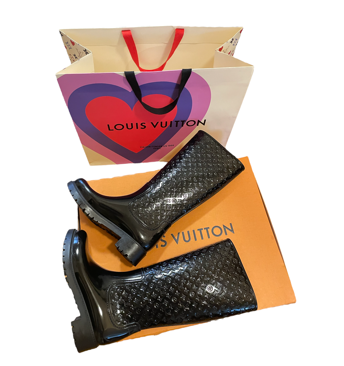 Louis Vuitton Women Black Rubber Rainboots Tall Wellington Boots