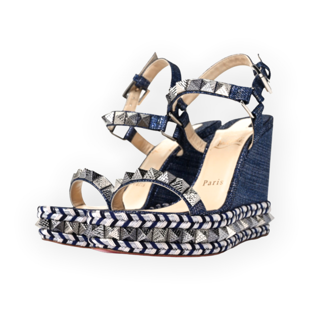 CHRISTIAN LOUBOUTIN Denim Lame Lux Pyraclou 110 Wedge Sandals |Size: 3